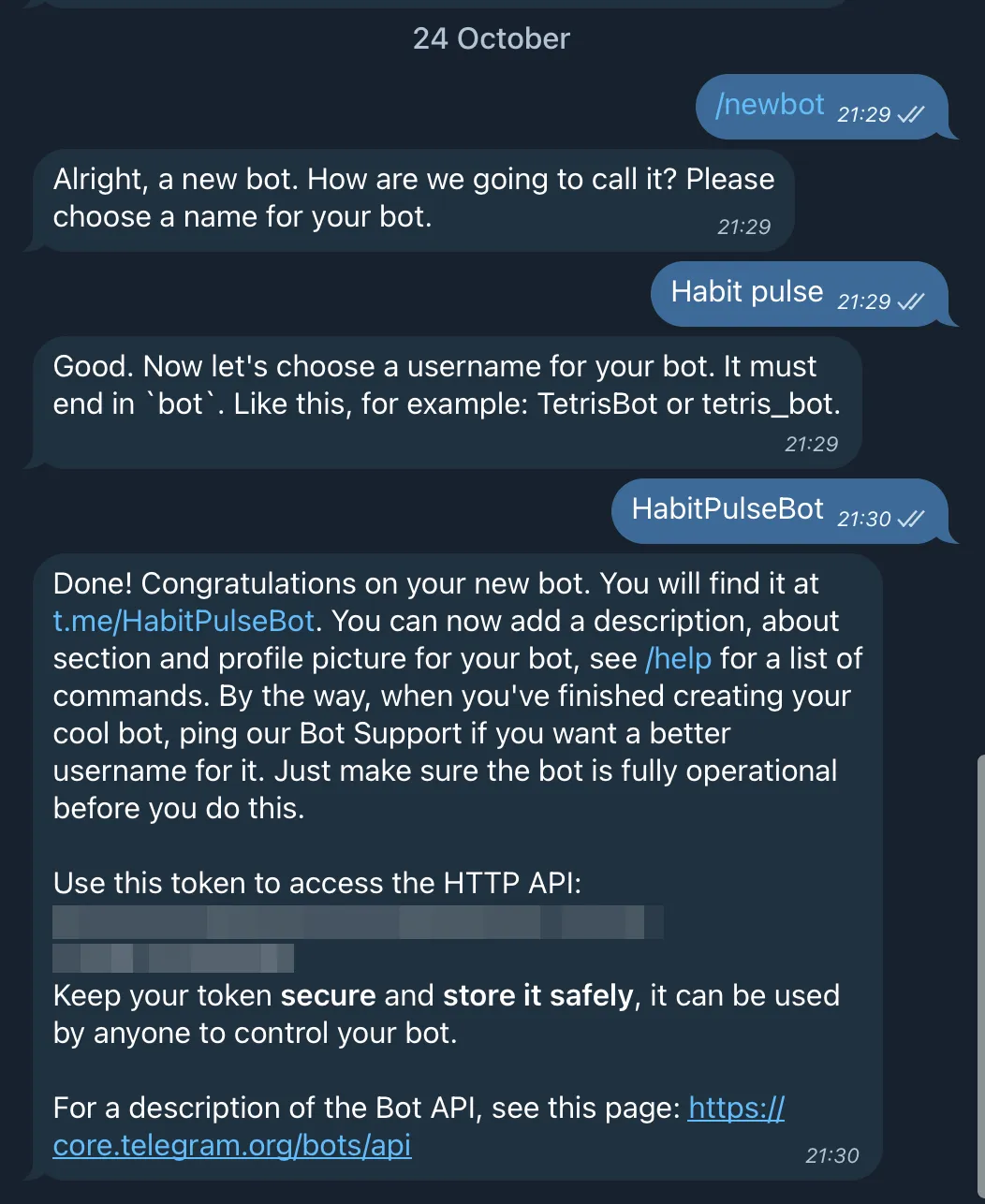 Telegram BotFather bot creation conversation