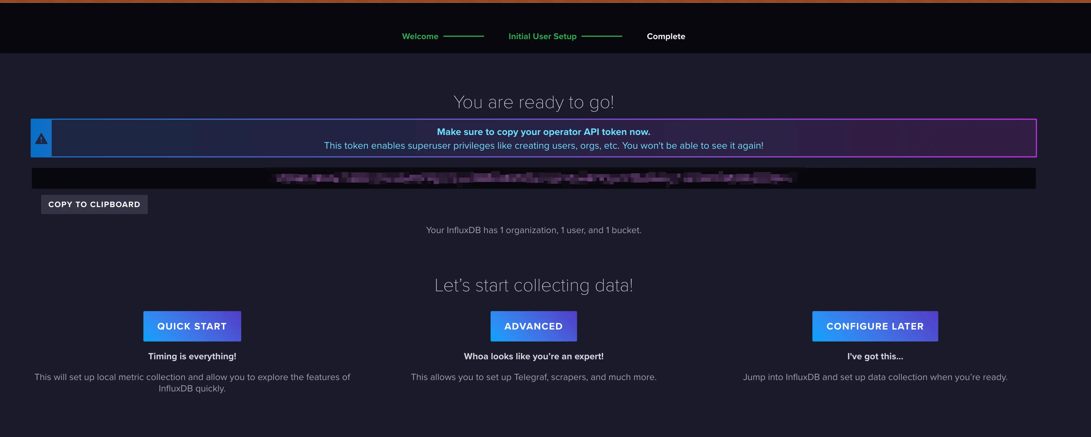 InfluxDB setup completion screen
